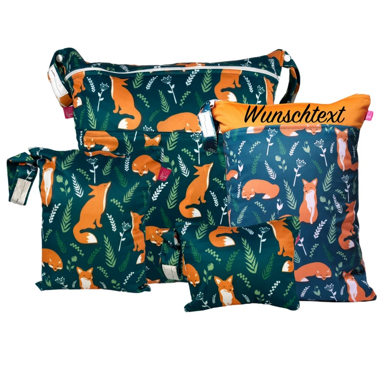 Wetbag Viererset „Füchse“ - personalisierbare Wäschebeutel