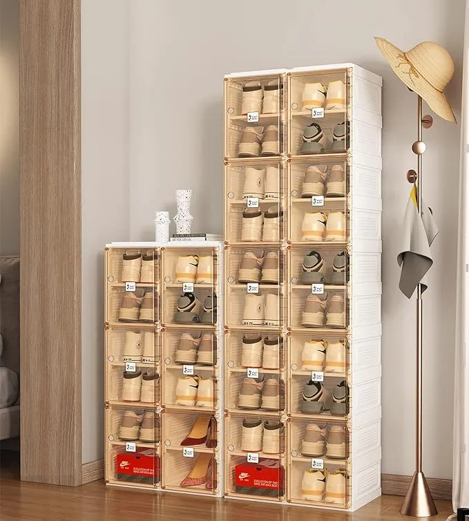 Einfache Montage, tragbare und faltbare Schuh-Organizer-Aufbewahrungsbox mit magnetischer, transparenter Tür