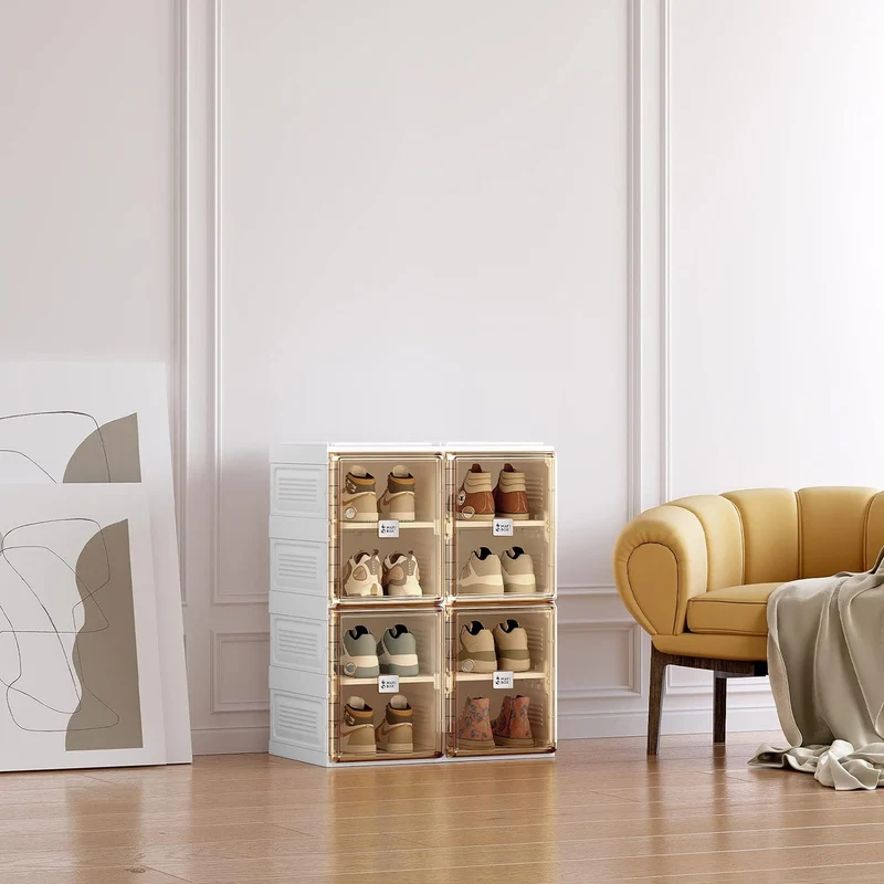 Einfache Montage, tragbare und faltbare Schuh-Organizer-Aufbewahrungsbox mit magnetischer, transparenter Tür