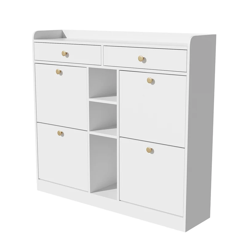 Schuhschrank mit 4 Klappen, 2 Schubladen und 3 Fächern, 110 x 100 x 26 cm