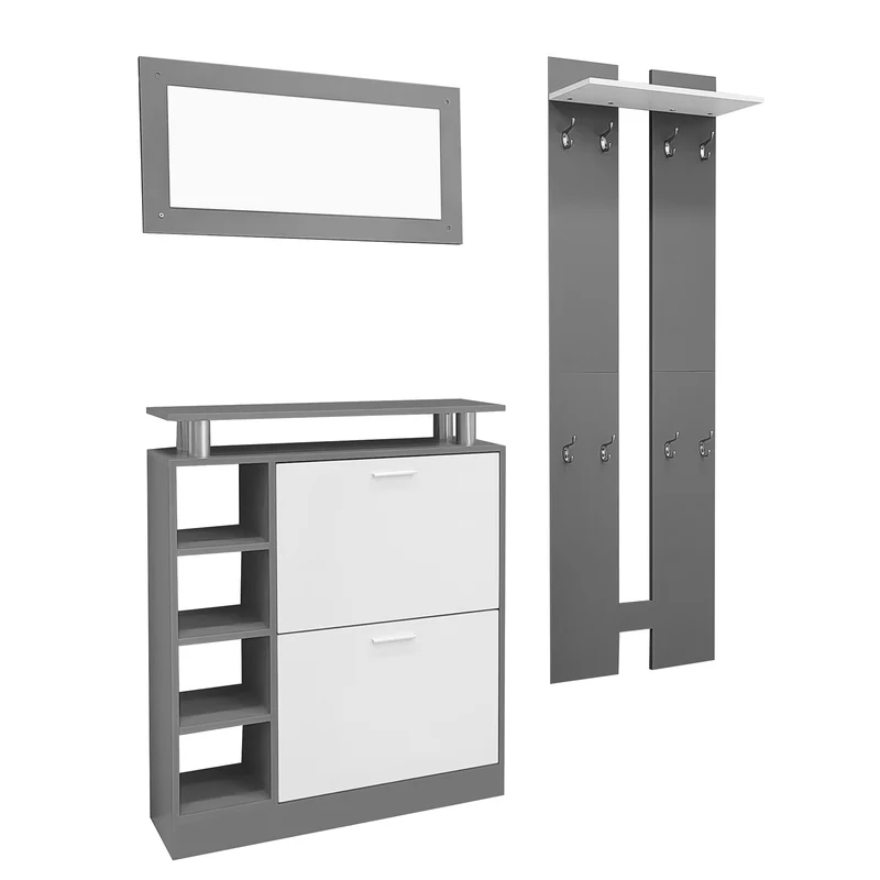 4-teiliges Garderoben-Set mit Spiegel, Schuhschrank & Wandpaneelen