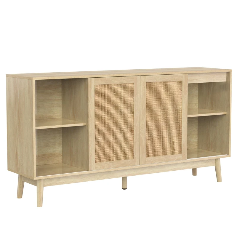 Sideboard mit Rattan-Schiebetüren und 2 Schubladen, 155 x 38 x 80 cm
