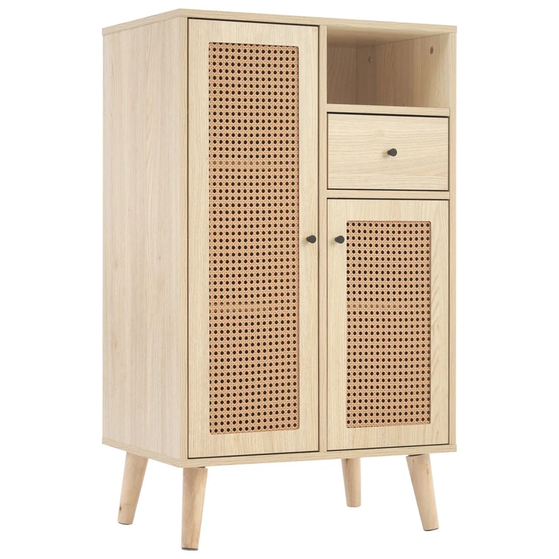 Kommode in Holzoptik mit Rattantüren und Schublade, 60 x 40 x 101 cm