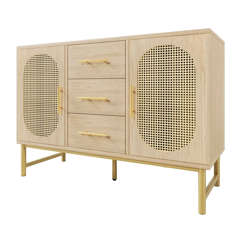 Rattan-Kommode mit 3 Schubladen und 2 Rattan-Türen, 120 x 40 x 74 cm