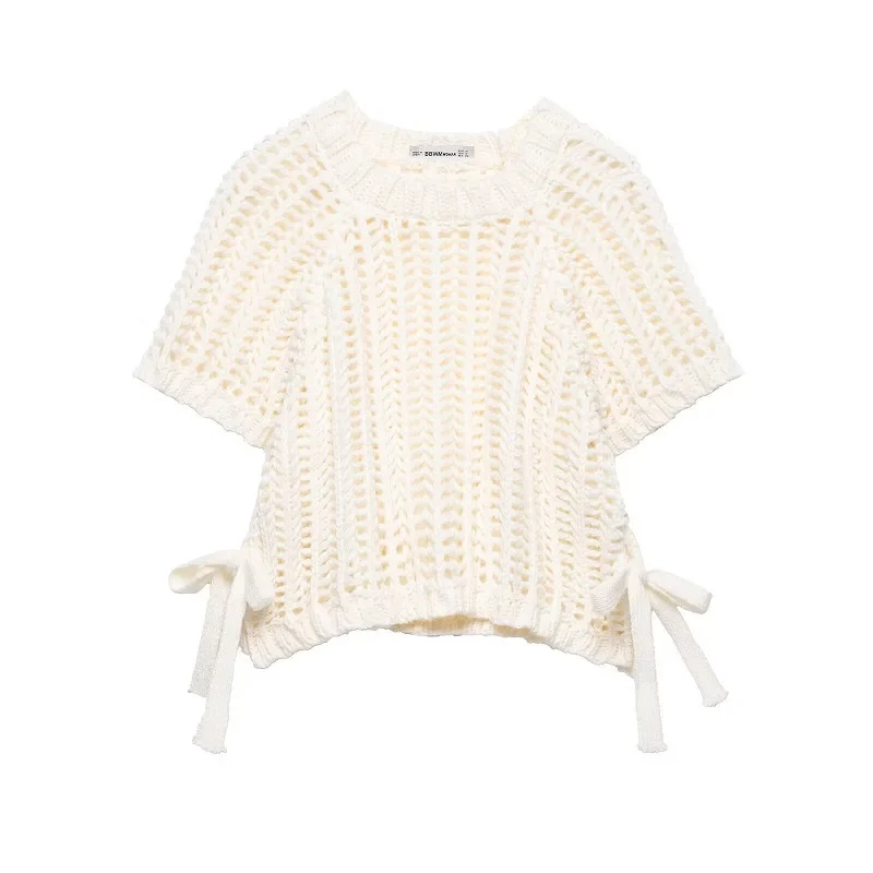 Avelisse Damen Strickpullover mit Schleife und Kurzen Ärmeln