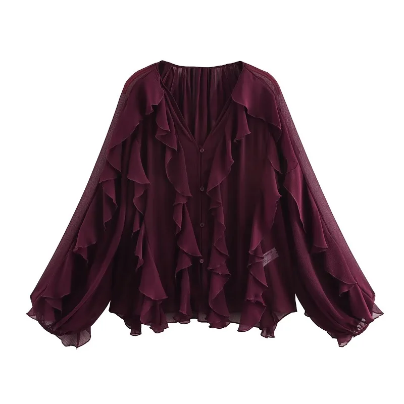 Lorevia Damen Chiffonbluse mit Volants und V-Ausschnitt