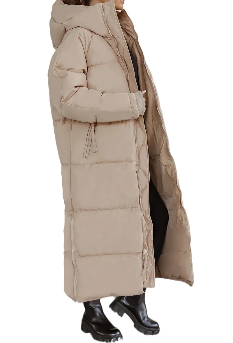 Lange Damen Steppjacke mit Kapuze und Reißverschluss – Velmira