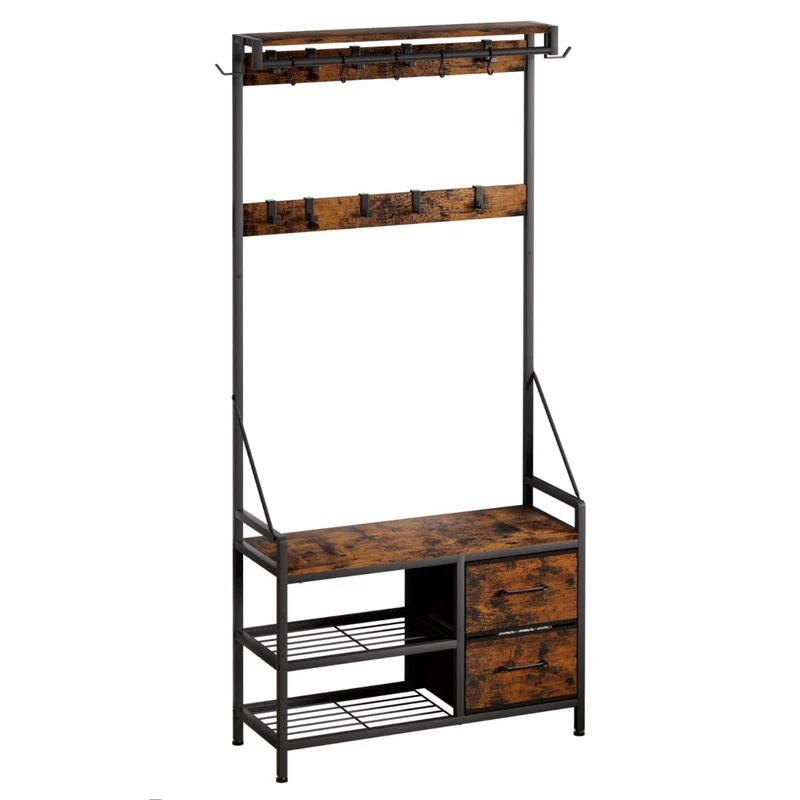 Yorbay Garderobe mit Sitzbank, 17 Haken, Schuhregal & 2 Schubladen