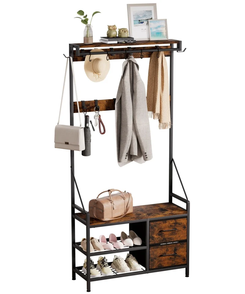 Yorbay Garderobe mit Sitzbank, 17 Haken, Schuhregal & 2 Schubladen