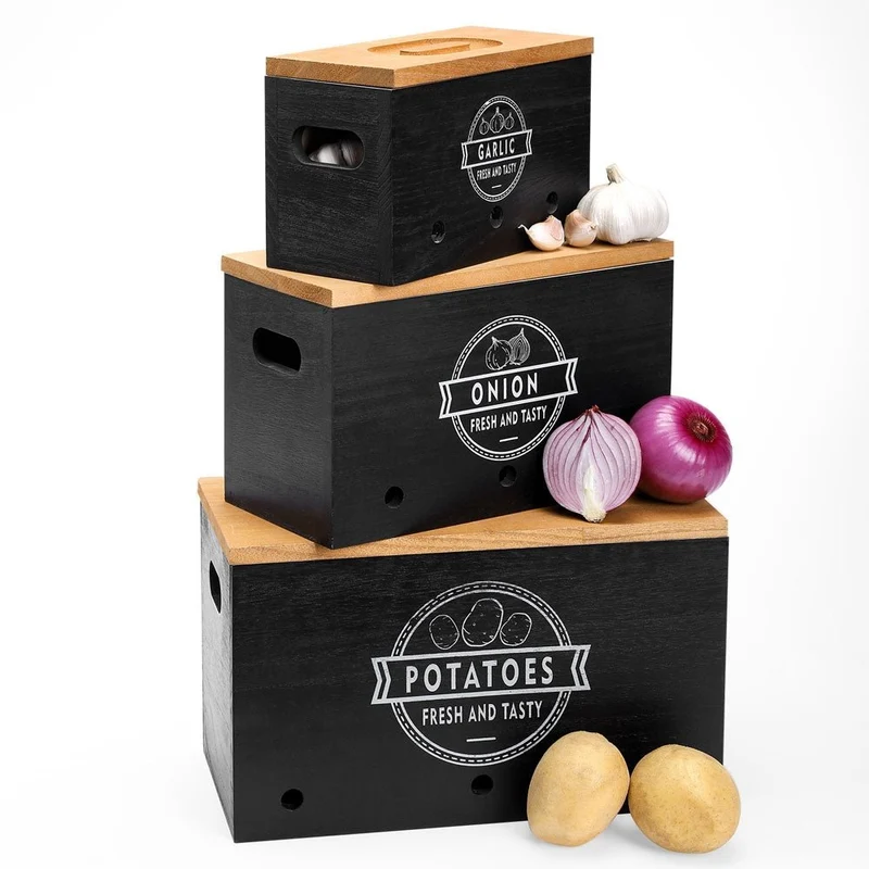 Yorbay 3er-Set Kartoffel-Aufbewahrungsboxen aus Holz, schwarz/weiß