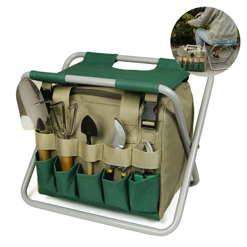 Faltbarer Gartenhocker mit Werkzeugtasche für komfortables Arbeiten im Freien