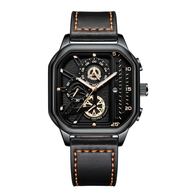 Quarz-Armbanduhr mit quadratischem Gehäuse und Lederarmband