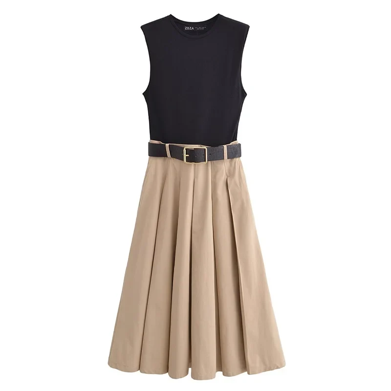 Valerina Damen Midi Kleid Ärmellos Plissiert