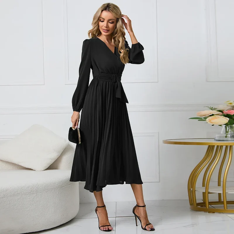 Selmoria Midi Kleid mit V-Ausschnitt und Bindegürtel