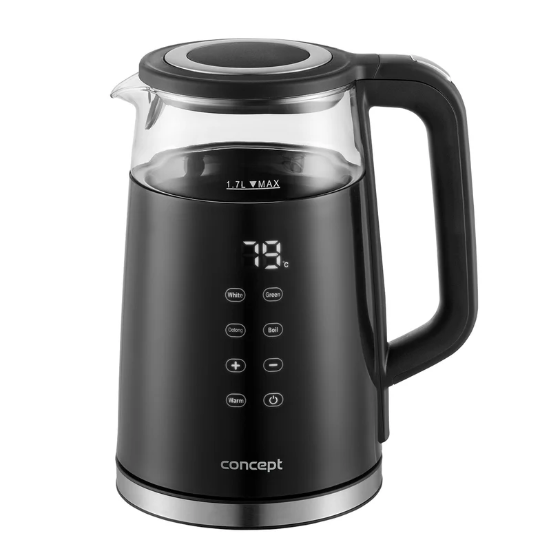 Concept RK4100 Glas-Wasserkocher mit Temperaturregelung 1,7L, 1850-2200 W, Warmhaltefunktion, LCD Display, Cool Touch Oberfläche, Schwarz