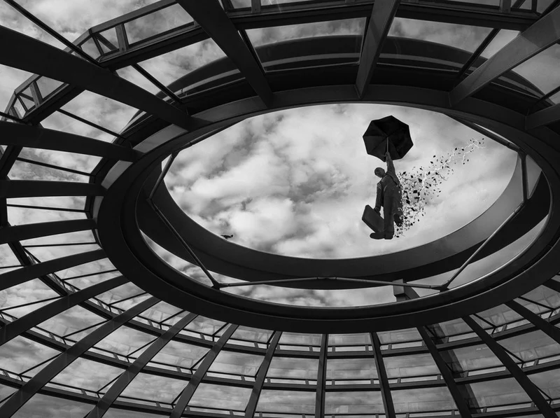 Umbrella Man's Surreal Flight