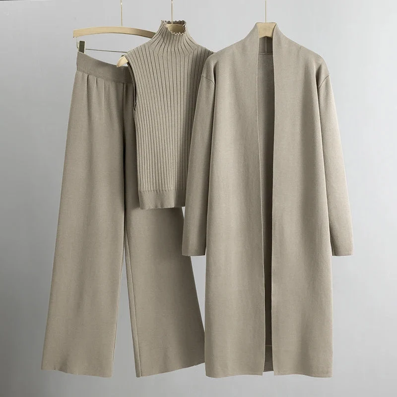 Selviora 3-teiliges Set mit Mantel Hose und Pullover in lockerer Passform für Alltag und Freizeit