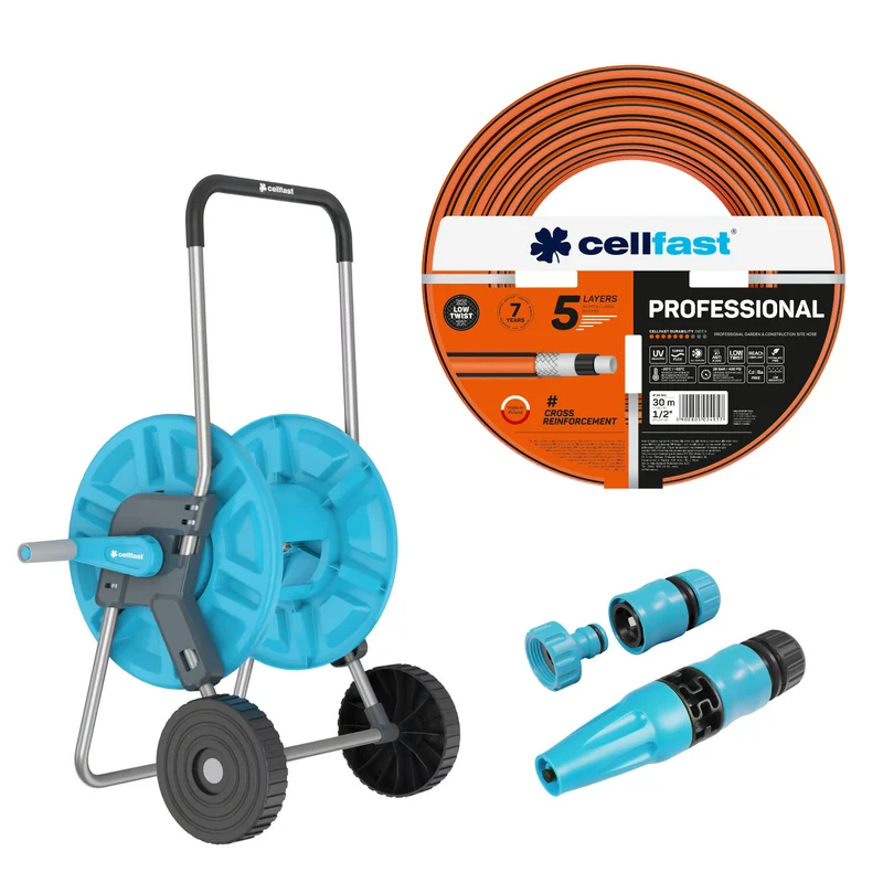 Cellfast Aluplus Schlauchwagen 1/2" 60 m + Cellfast Gartenschlauch PROFESSIONAL 1/2" 30 m + Set mit Cellfast Basic Sprühkopf 1/2"