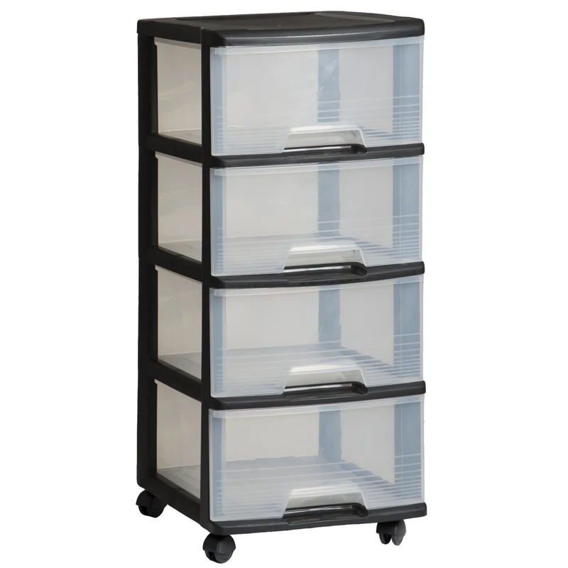Curver-Regal auf Rollen, schwarz, 4 transparente Schubladen à 20 l, Rollen, 214756