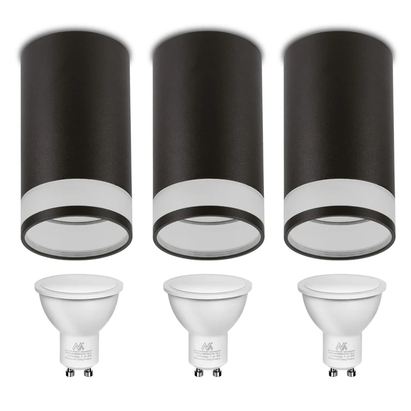 Maclean Anbauleuchte / Röhre, Spot, rund, Aluminium, GU10, 55x130mm, Farbe schwarz, MCE361 B 3Stk+ LED Leuchtmittel GU10 7W Maclean Energy MCE437 NW neutralweiß 4000K, 220-240V~, 50/60Hz, 490 3Stk