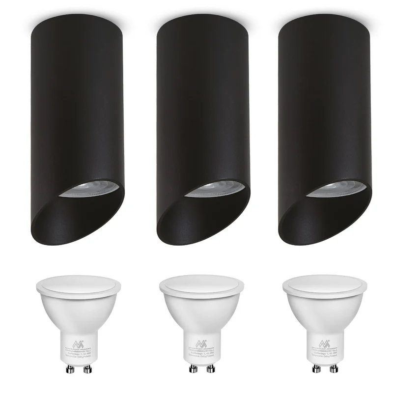 Maclean Anbauleuchte/Rohr, Spot, rund, Aluminium, GU10, 55x130mm, Farbe schwarz, MCE360 B 3Stk + LED-Leuchtmittel GU10 7W Maclean Energy MCE437 NW neutralweiß 4000K, 220-240V~, 50/60Hz 3Stk
