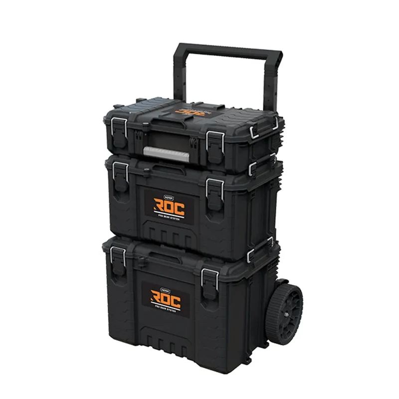 Set mit 3 Werkzeugkisten Keter ROC Pro Gear 2.0, Gesamtfassungsvermögen 110 l, Schutzklasse IP65, abnehmbarer Teleskopgriff, mit Vorhängeschloss verschließbar, 256982