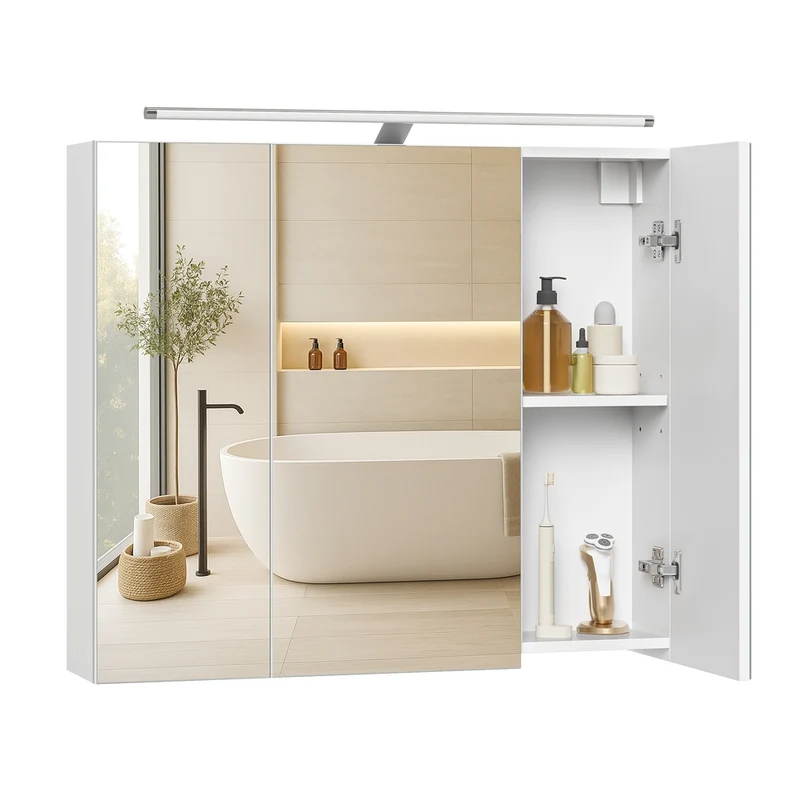 Moderner Badezimmerschrank mit 3 Spiegeltüren, Beleuchtung und verstellbaren Regalen