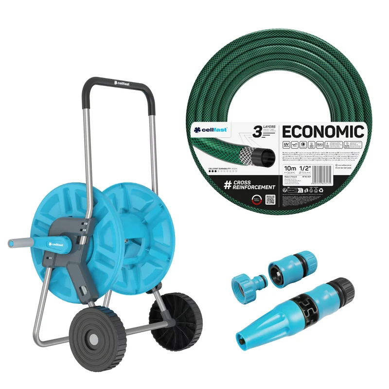 Cellfast Aluplus Schlauchwagen 1/2" 60 m + Cellfast Economic Gartenschlauch 1/2" 10 m + Set mit Cellfast Basic Sprühkopf 1/2"