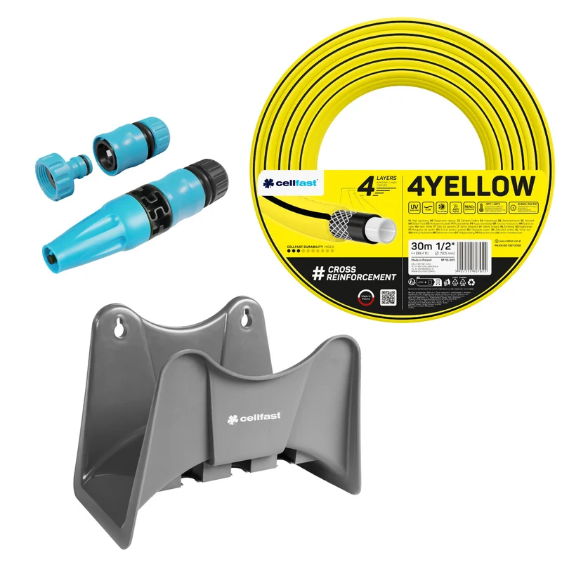 Cellfast-Gartenschlauch 4YELLOW 1/2" 30 m + Cellfast-Schlauchhalter (grau) + Set mit Cellfast Basic-Sprinkler (1/2")