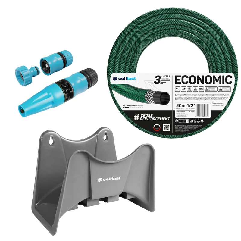 Cellfast Economic Gartenschlauch 1/2" 20 m + Cellfast Schlauchhalter, grau + Set mit Cellfast Basic Geradstrahl-Sprinkler 1/2"