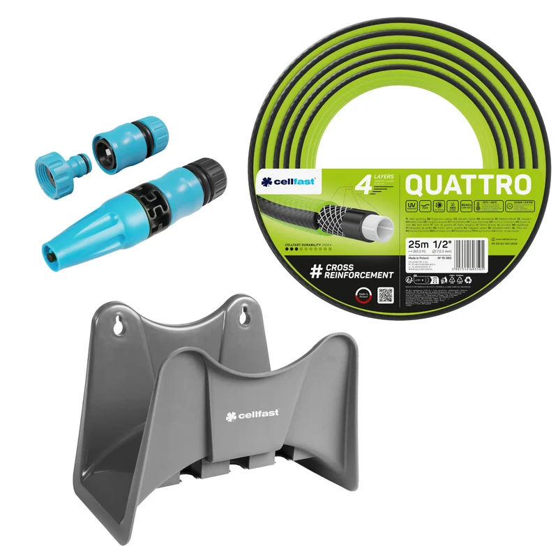Cellfast Quattro Gartenschlauch 1/2" 25 m + Cellfast Schlauchhalter (grau) + Set mit Cellfast Basic Geradstrahl-Sprinkler 1/2"