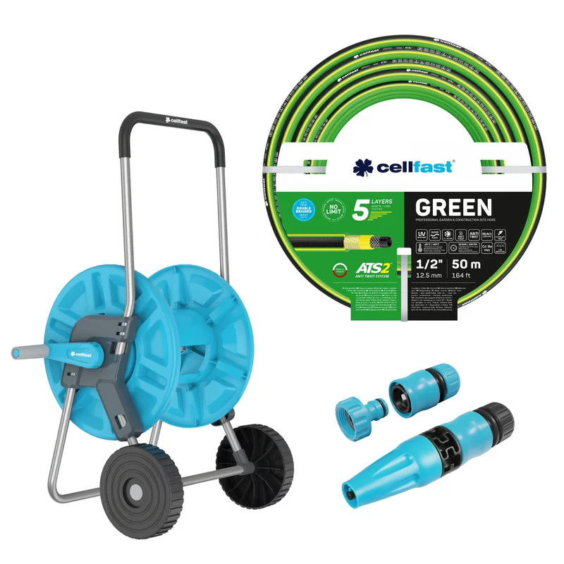 Schlauchwagen Cellfast Aluplus 1/2" 60 m + Gartenschlauch Cellfast Green ATS2 1/2" 50 m + Set mit geradem Sprühkopf Cellfast Basic 1/2"