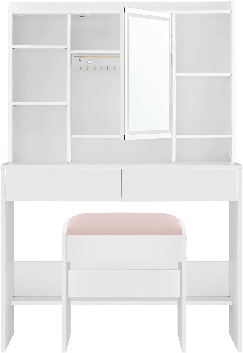 VASAGLE Schminktisch mit Beleuchtung, einstellbare Helligkeit, Hocker, Frisiertisch mit Spiegel, Kosmetiktisch mit verstellbaren Ablagen, 2 Schubladen, modern, wolkenweiß und pastellrosa