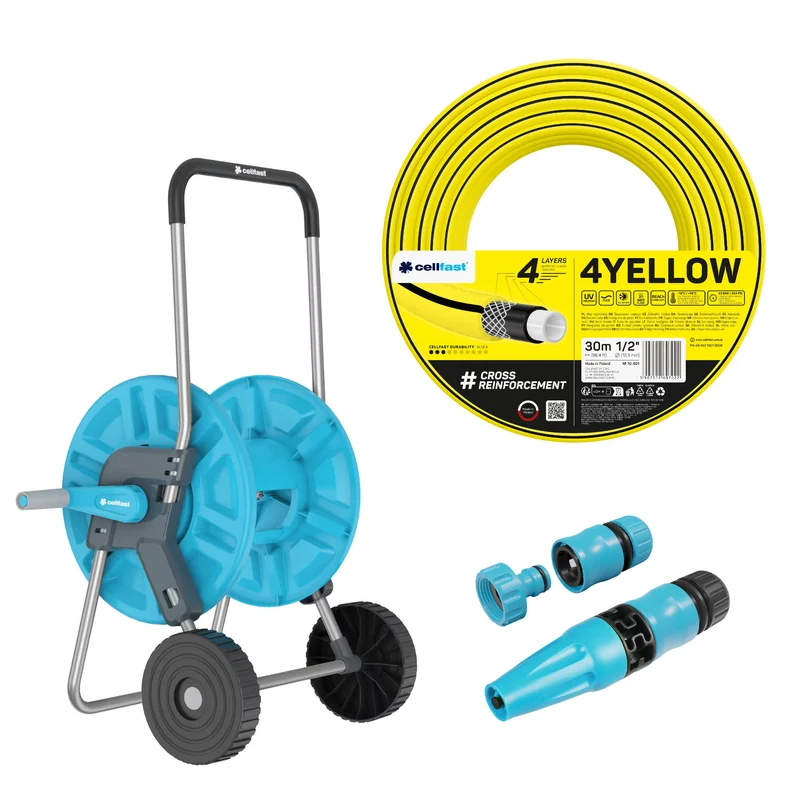 Cellfast Aluplus Schlauchwagen 1/2" 60 m + Cellfast 4YELLOW Gartenschlauch 1/2" 30 m + Set mit Cellfast Basic Sprühkopf 1/2"