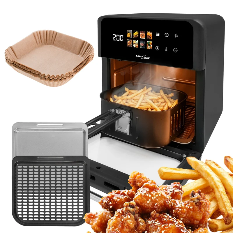 GreenBlue AIR FRYER Heißluftfritteuse, 1800 W, 10 l Fassungsvermögen, 8 Programme, Zubehör, Timer, GB950 + 100 Stück 16-cm-Papierbeutel