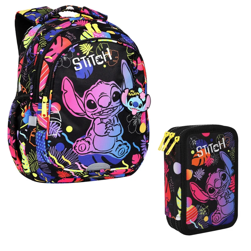 Schulrucksack 19 L Coolpack Jerry DISNEY STITCH schwarz + CoolPack Dreifach-Federmäppchen mit Zubehör JUMPER 3 STITCH