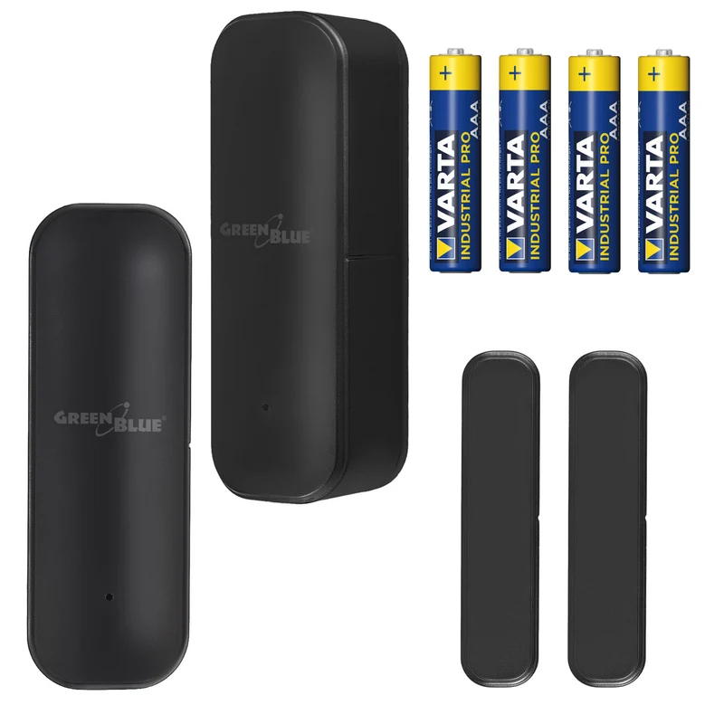 Drahtloser Reed-Schalter / WLAN-Öffnungssensor von GreenBlue, Android/iOS, für Türen / Fenster, 3,0 V DC, LR03x2, GB479 B, 2 Stück + 4x AAA-Alkalibatterie Varta Industrial 4003