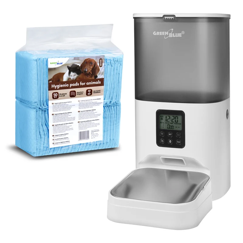 GreenBlue automatischer Futterspender für Haustiere, 6L, USB 5V1A, GB393 + GreenBlue Hunde-/Katzenhygienematten, Trainingspads 60x40cm, 50 Stück, GB495