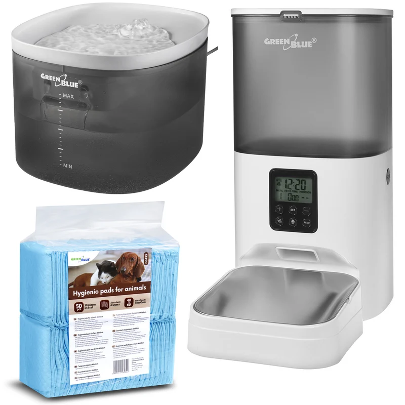 GreenBlue GB392 automatischer Wasserspender für Haustiere + GreenBlue GB393 automatischer Futterspender für Haustiere + 60x40cm, + 50x Trainingspads, GB495