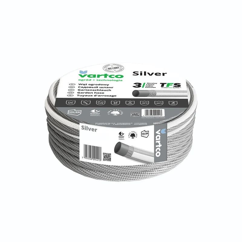 Vartco Silver TFS 3-lagiger Gartenschlauch Wasserschlauch Flexibel Anti Twist Schlauch Gartenbewässerung Flexischlauch UV-beständig 25 Bar 3/4" 20m