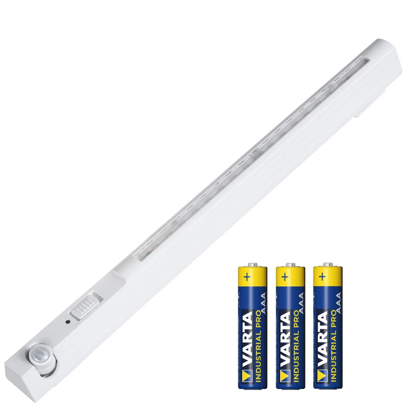 Maclean LED-Lampe, mit beweglichem Sensor, Haken, ON/OFF/AUTO, Temp. 4000K, Reichweite 3m, MCE235 + 3x Varta Industrial AAA Alkalibatterien
