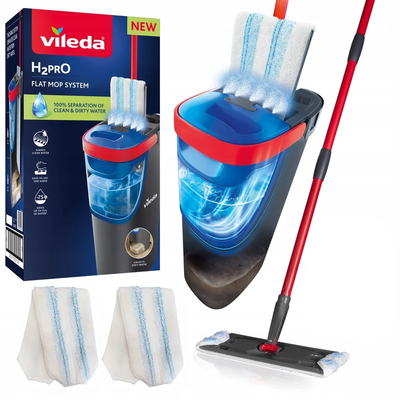 Vileda H2prO Flachmopp, 100 % Trennung von sauberem und schmutzigem Wasser, zwei Behälter, 2 Mikrofaser-Aufsätze, 360°-Drehkopf, 175774