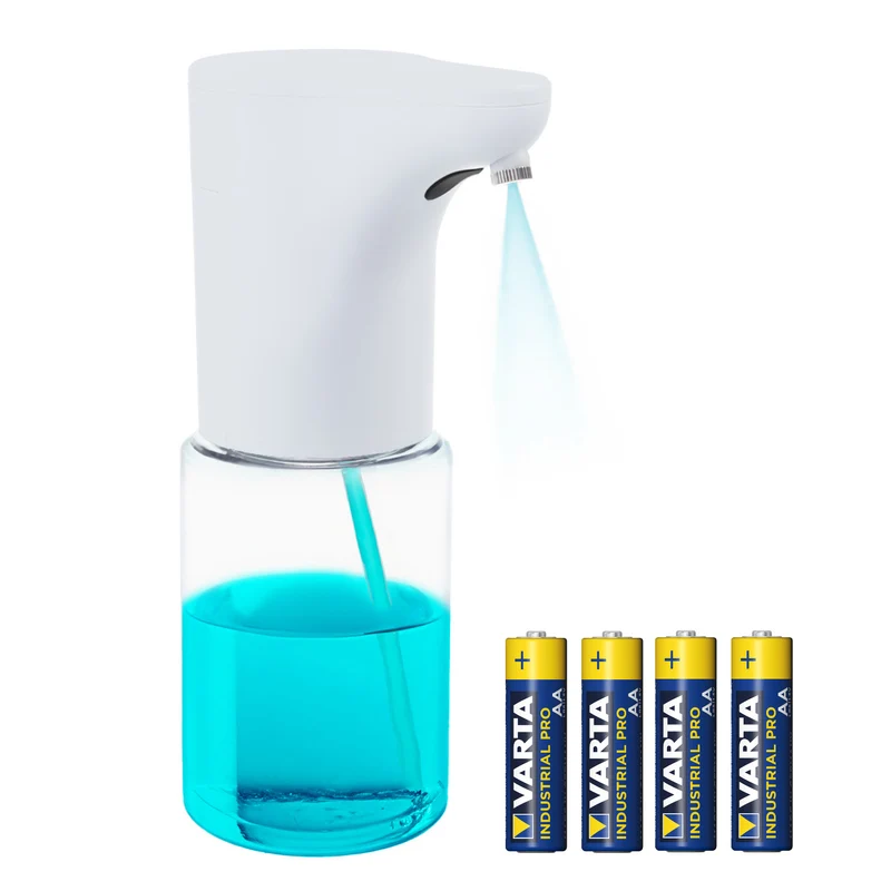 Promedix automatischer Spender, Spenderbehälter für Flüssigseifen, Desinfektionsflüssigkeiten, 300ml, weiß, PR-540 W + 4 Varta Industrial AA Batterien