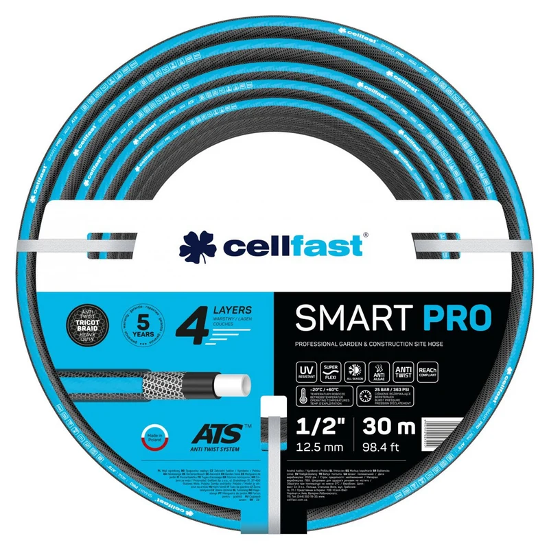 Cellfast SMART PRO ATS 4-lagiger Gartenschlauch ATS Trikotgewebe Flexibel Knickfest UV und Algenfest 1/2" 30 m