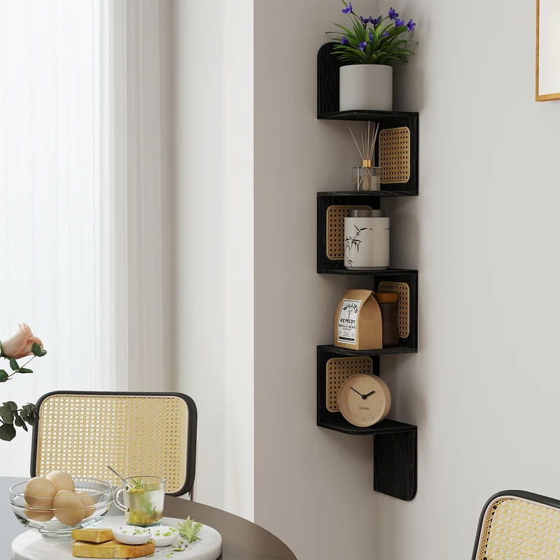 Wandregal mit 5 Ebenen und PVC-Rattan-Seitenplatten