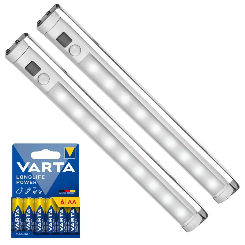 2x Maclean LED-Küchenleuchte, Unterbauleuchte mit 9 SMD-LEDs, batteriebetrieben, PIR-Sensor (Ein/Aus), MCE166 + 6x Batterie R-06 R06 AA LR06 1,5 V VARTA Longlife Power