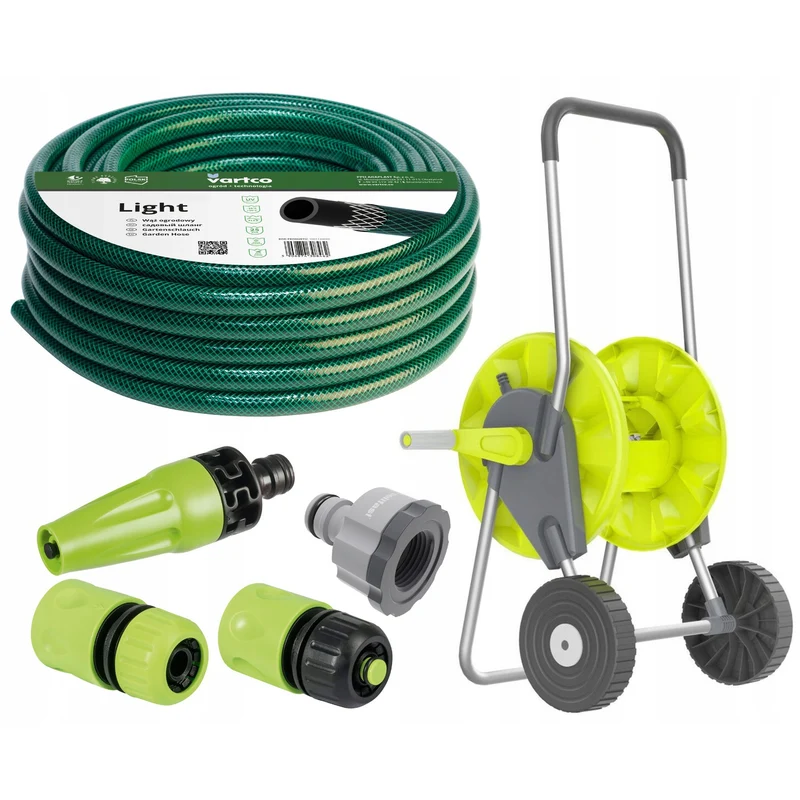 Gartenset - 50m 1/2'' Schlauch, Wagen, Schnellkupplung - Durchgang und Stop, gerader Sprinkler, Innengewindeanschluss