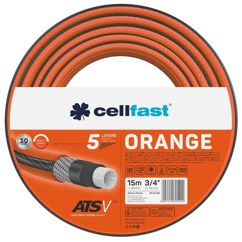ORANGE ATSV™ Gartenschlauch 5-Lagen-Schlauch Wasserschlauch Trikotgewebe UV-beständig 24 bar Berstdruck (3/4" 15m)