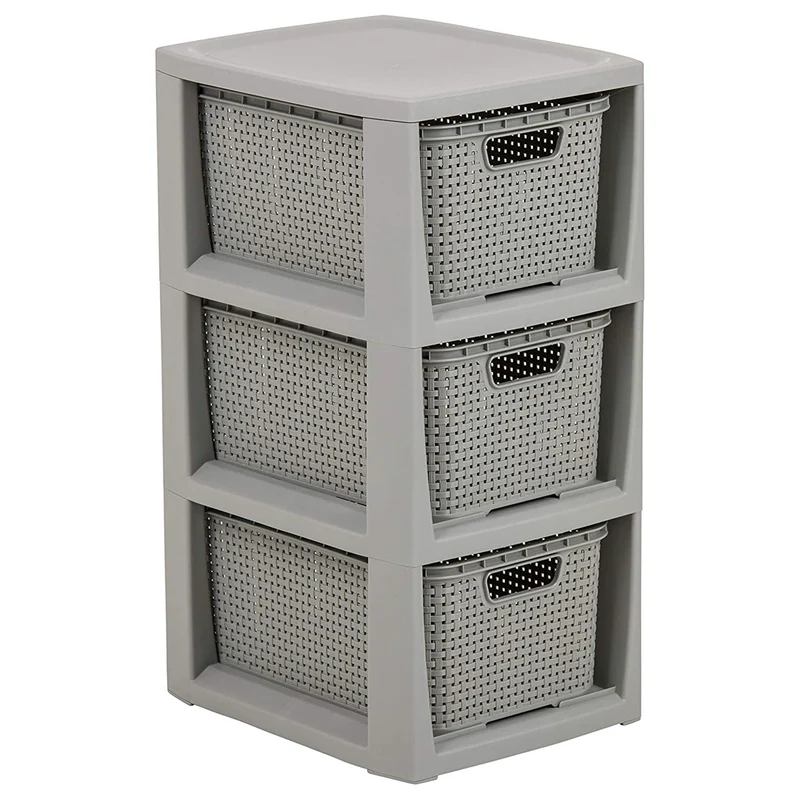 BranQ Rattanregal mit 3 Körben Farbe grau 3x7L Rattan