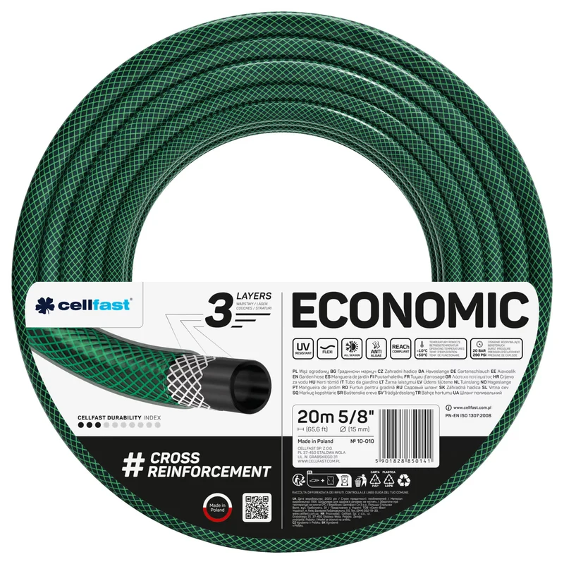 Cellfast-Gartenschlauch, 3-lagig, mit kreuzgeflochtenem Polyestergewebe, 5/8", 20 m, Economic